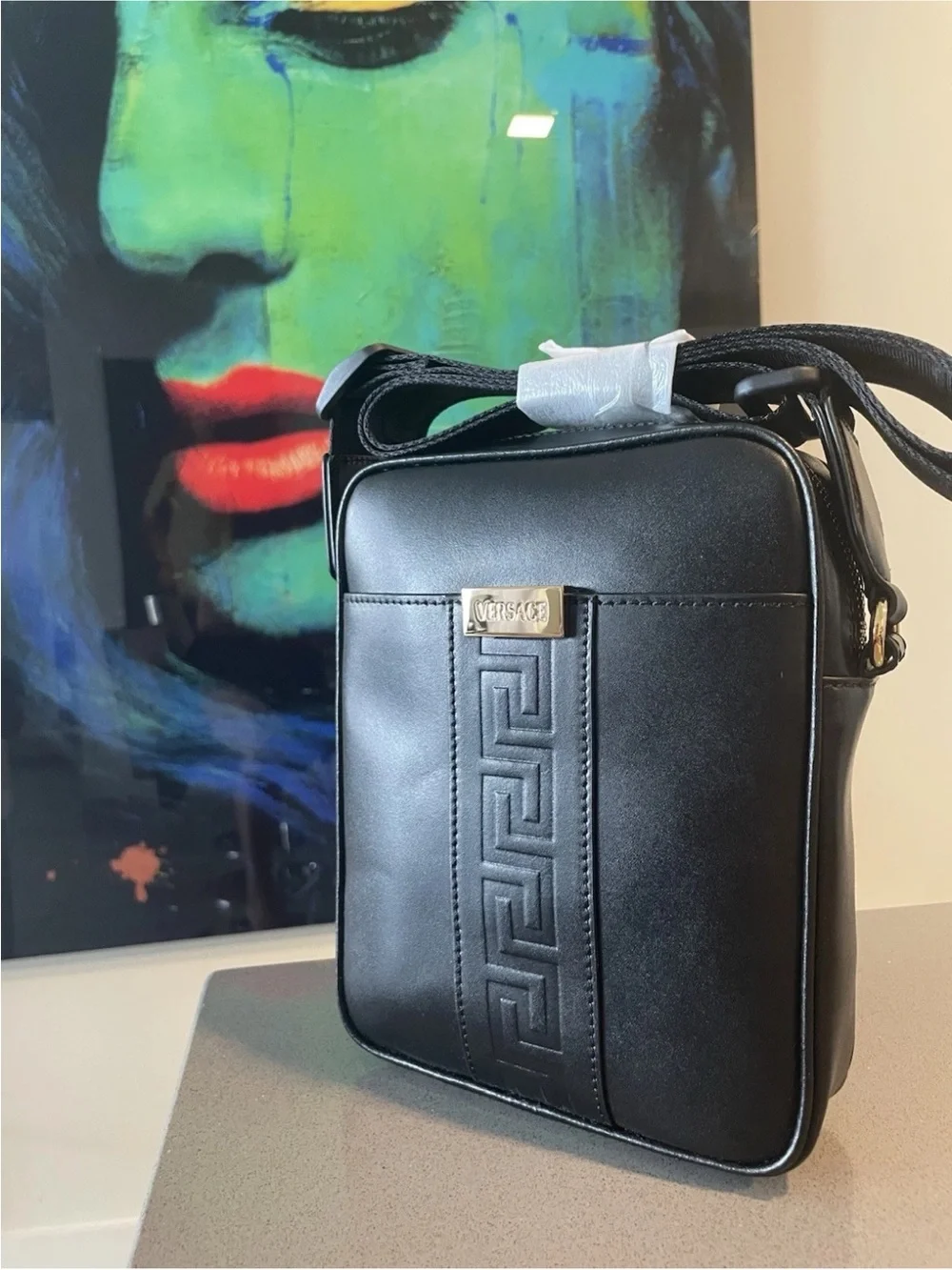 Versace Black Leather Messenger Crossbody with Gold Plaque